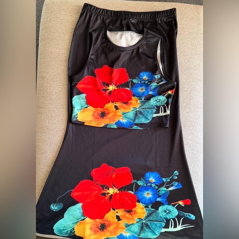 Floral Black Skirt Set